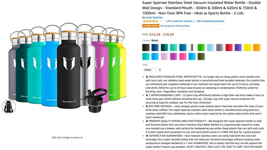 Example of an Amazon product listing with a long, detailed description and bullet points
