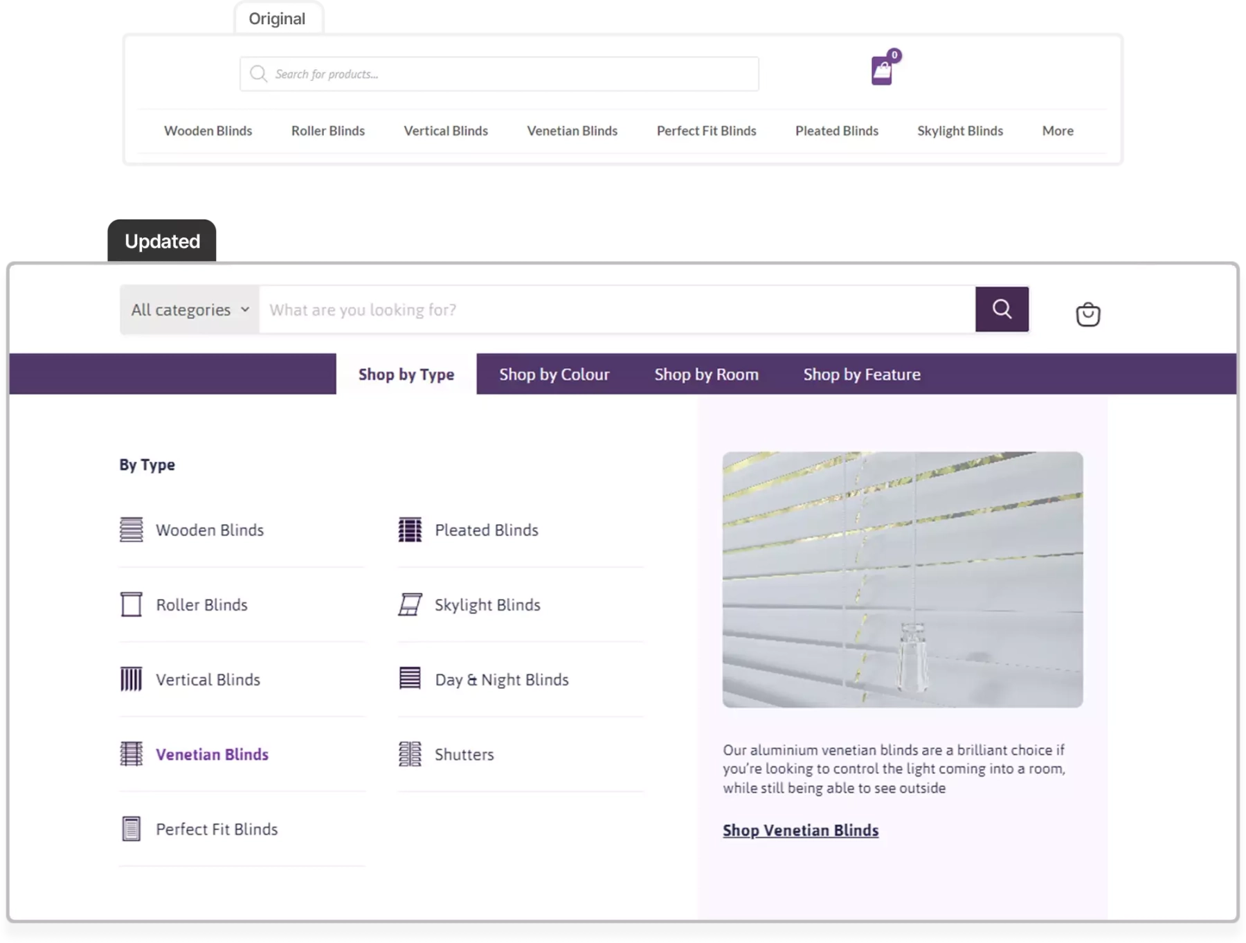 Example of improved site navigation for an online blinds store