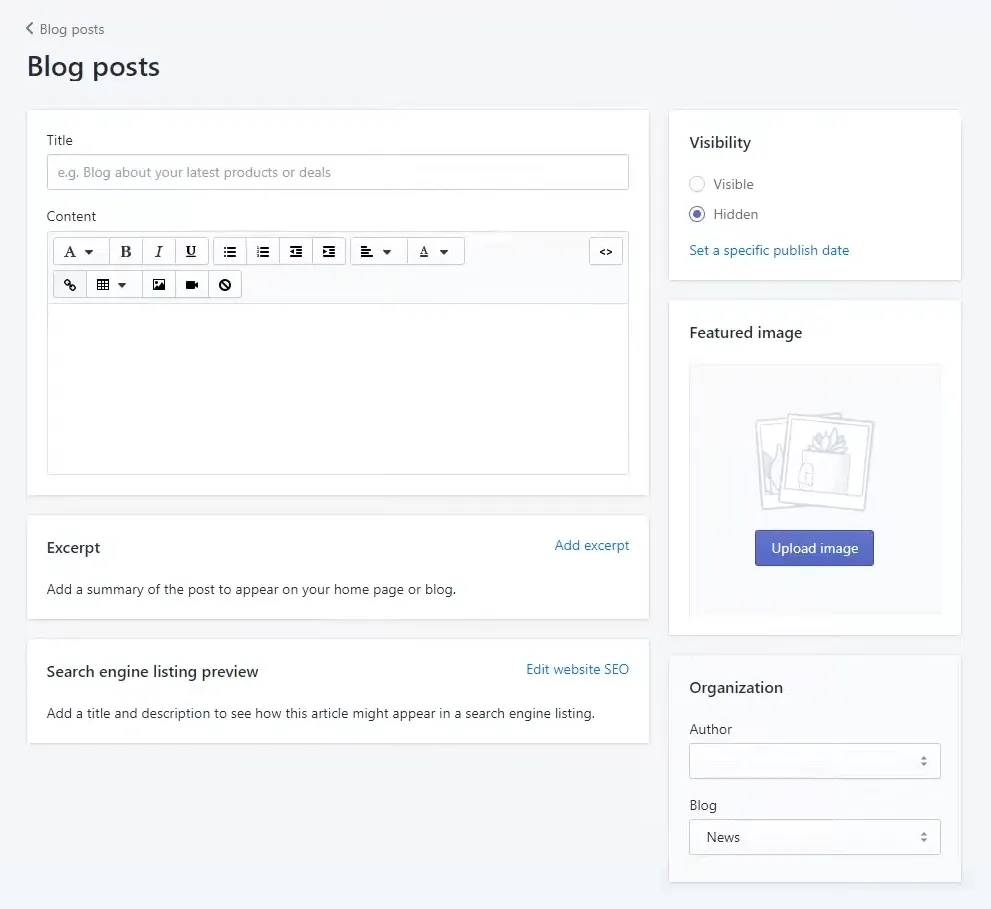 Screenshot of the Shopify blog post editor interface