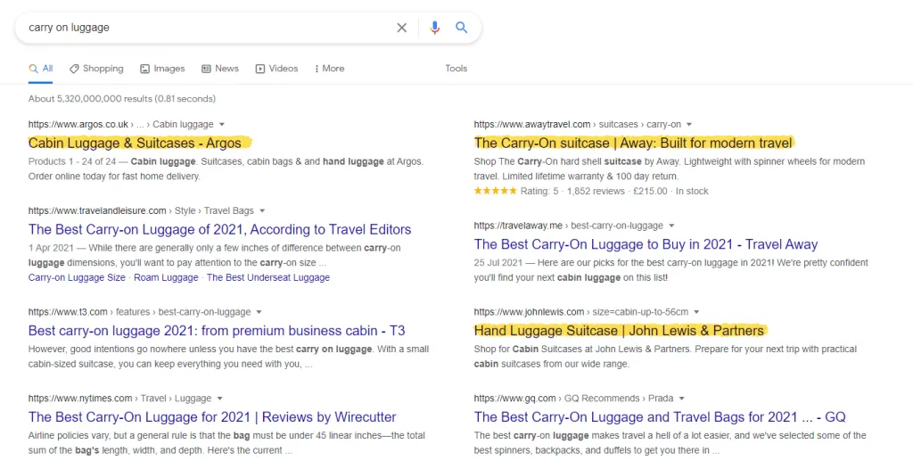 Google Search Results Page (SERP) showing mixed intent results for 'carry on luggage'