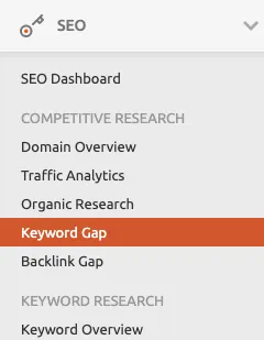 Screenshot of the SEMRush Keyword Gap tool location.