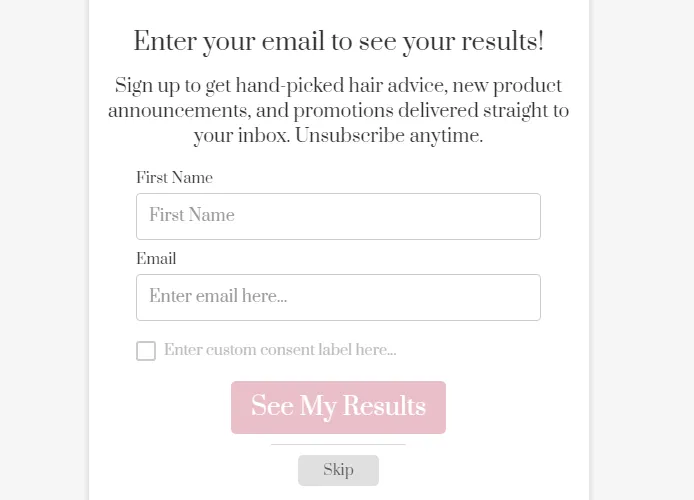 Luxy Hair quiz result form asking for email address