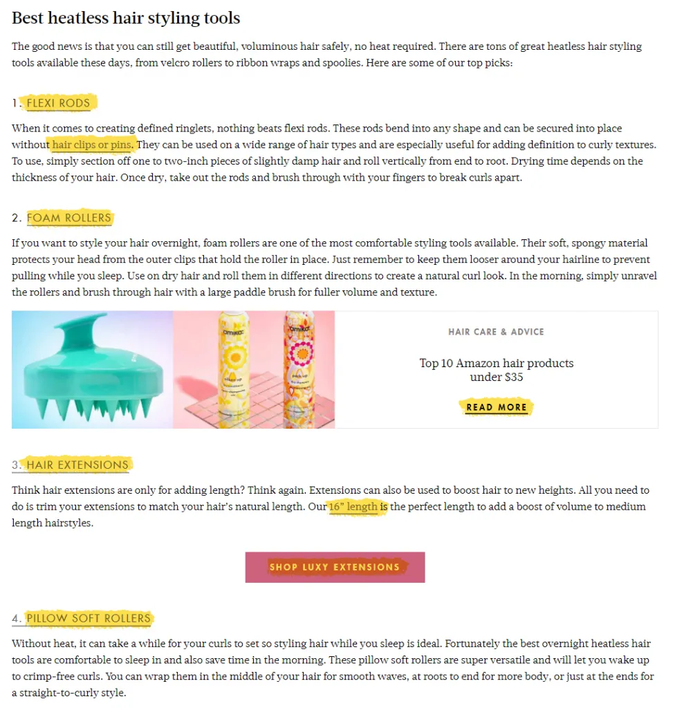 Example of internal linking within a Luxy Hair blog post