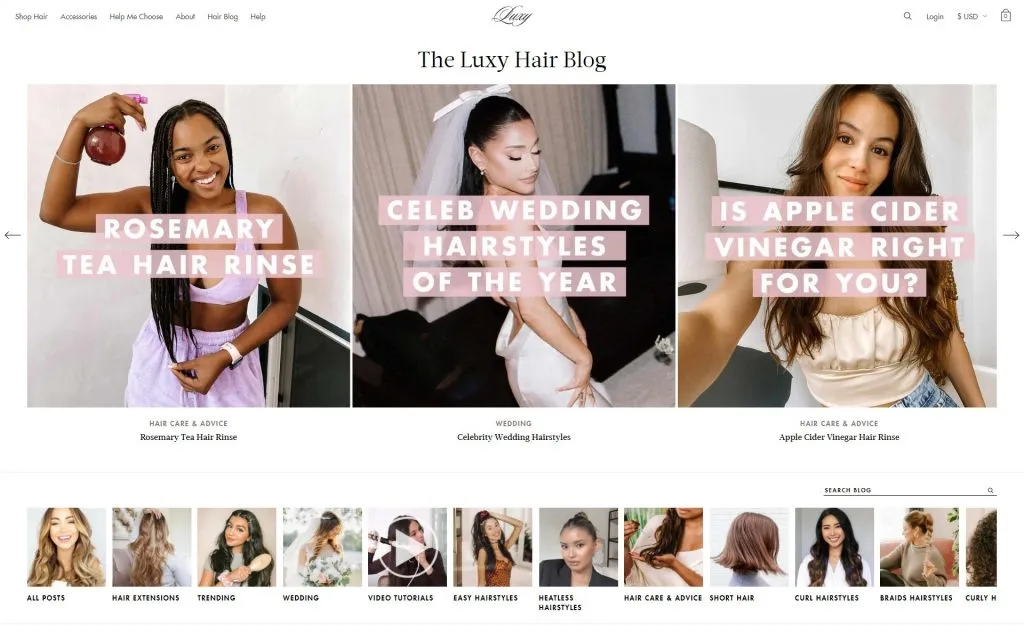 Screenshot of the Luxy Hair website homepage