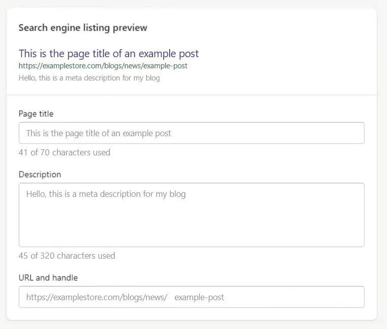 Screenshot of the Shopify blog post SEO settings section