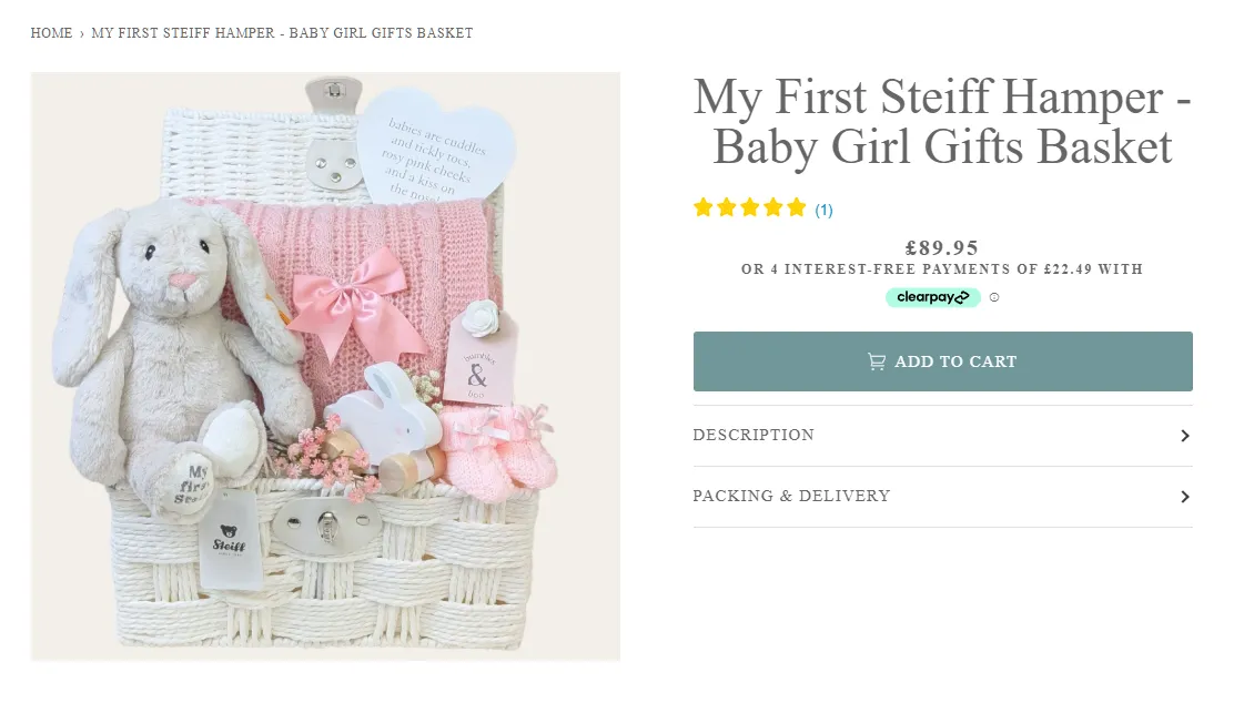 Product page design before optimisation on Bumbles & Boo