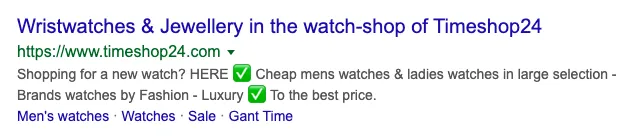 Google search result snippet with emojis in the meta description