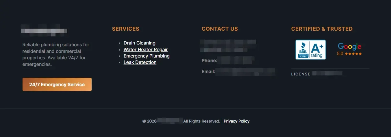 Mockup of a website footer with trust badges and logos.