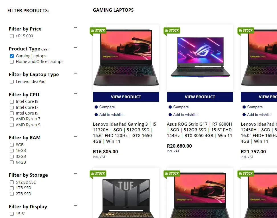 Example of faceted navigation with various filters in a sidebar