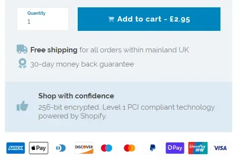 Example showing payment methods displayed under an add to cart button