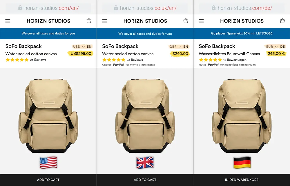 Screenshot of Horizn Studios website showing language selector