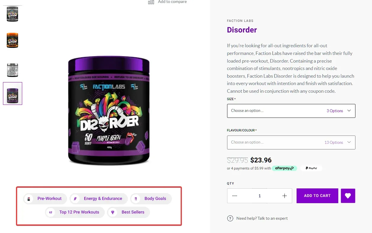 Example of tag style links below product title