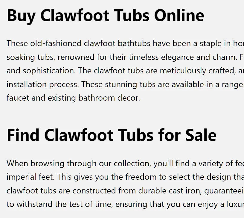 H2 optimisation on clawfoot tubs page