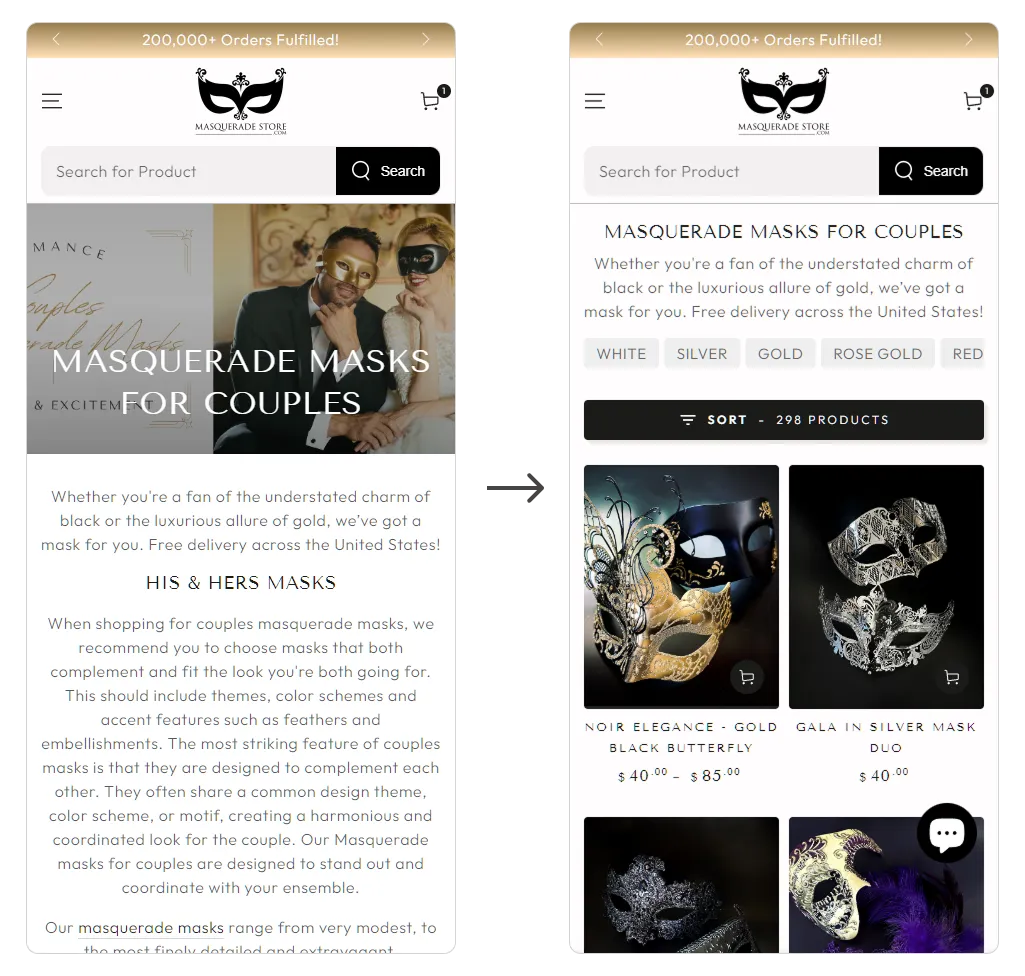 Above the fold optimisation reducing scrolling on Masquerade Store