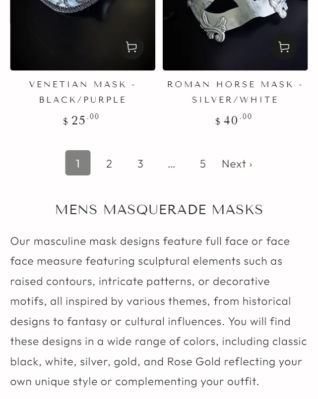 Collection descriptions added below product grids on Masquerade Store
