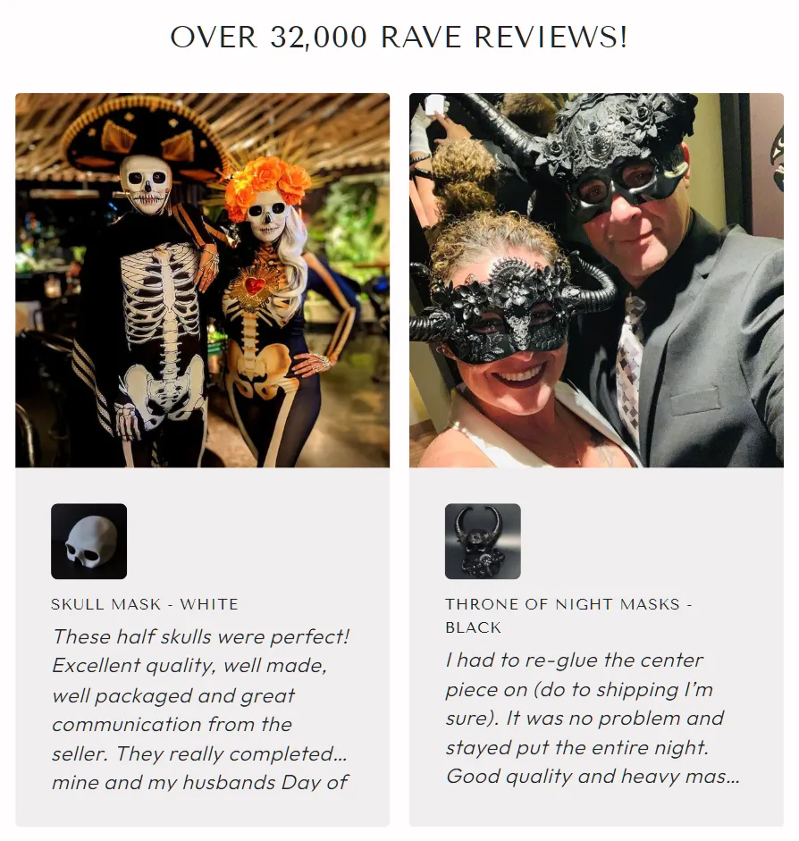 Curated reviews section supporting keywords and conversions on Masquerade Store