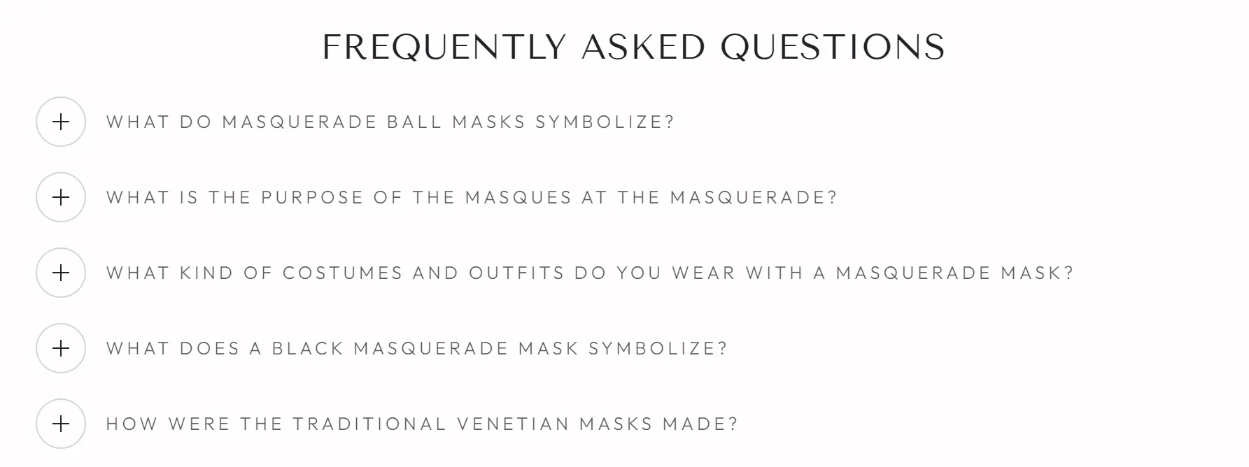 Homepage FAQs section with keyword optimisation on Masquerade Store
