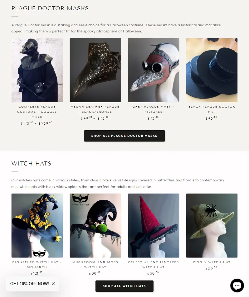 Hub page types for Halloween and other categories on Masquerade Store