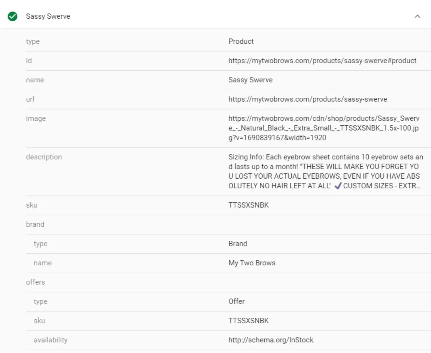 My Two Brows product schema example