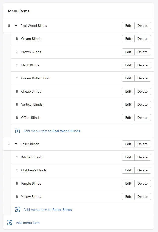 Screenshot showing a Shopify navigation menu setup with parent and child collections