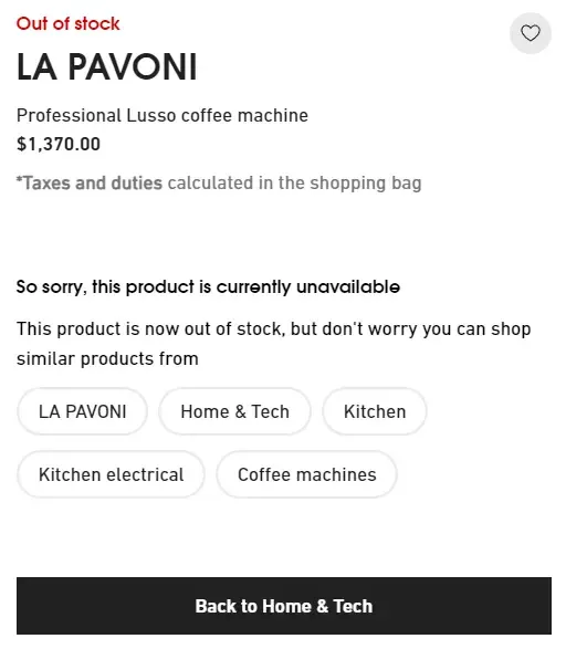 Example of out-of-stock options on a product page.