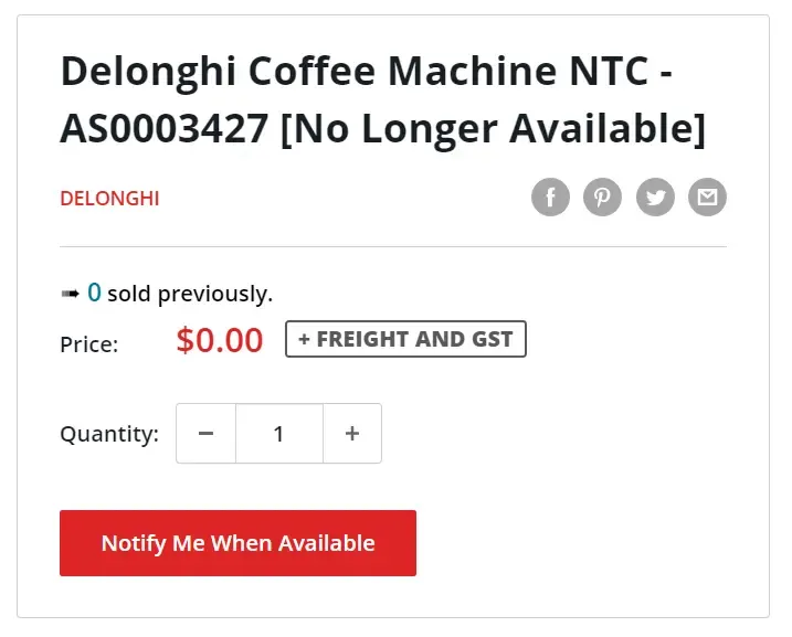 Example of an out-of-stock product page with stock notification.