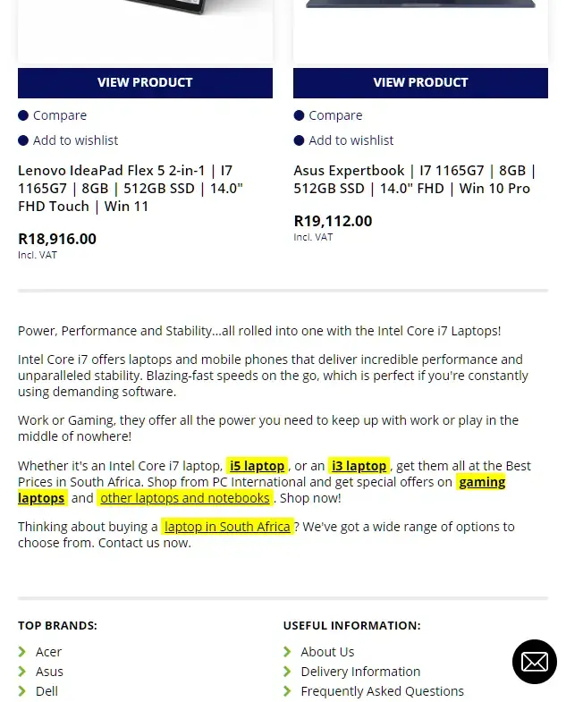 Internal linking from product categories to subcategories for PC International