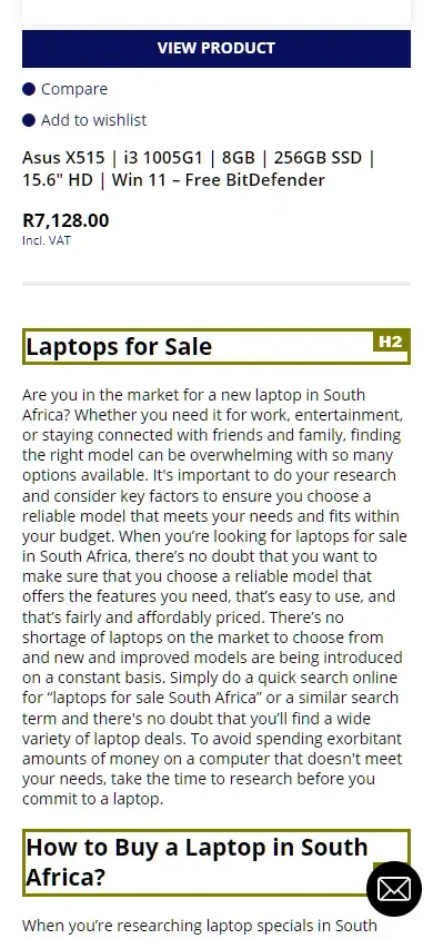 Homepage H2 targeting 'laptops for sale' for PC International