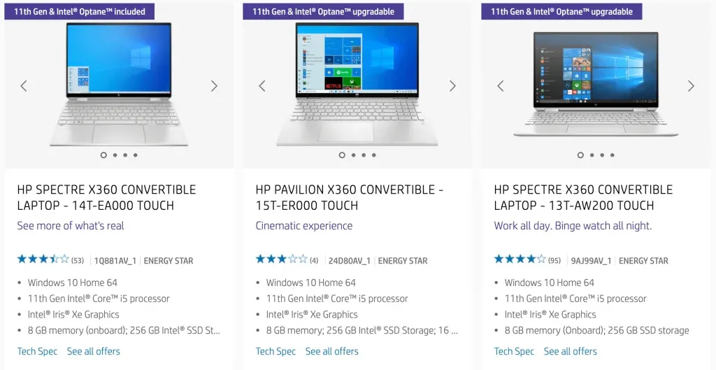 Screenshot of HP product grid showing high level technical specifications