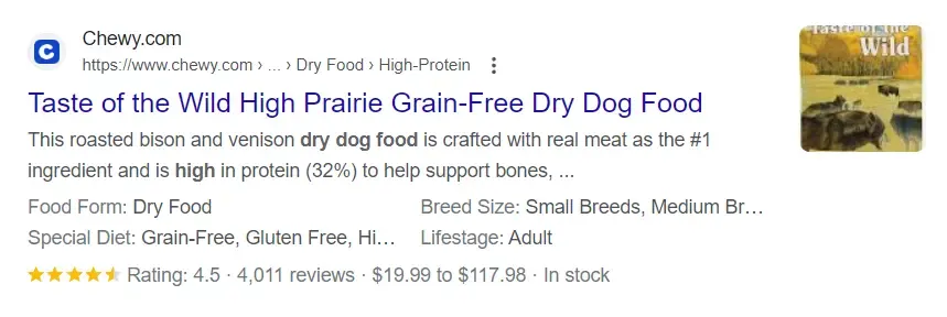 Example of product rich snippets in Google search results.