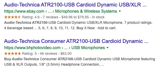 Google search results showing rich snippets with star ratings and price for products