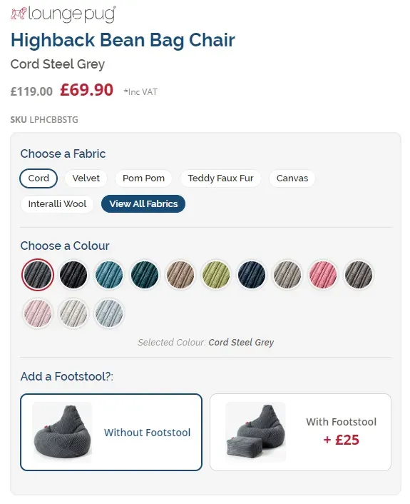 Example of product swatch links for different color variants