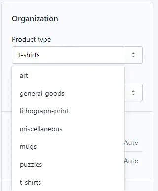 Screenshot showing where to set product type in Shopify