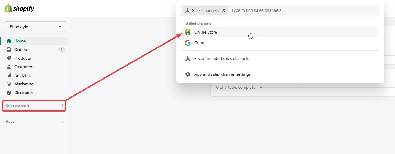 Shopify admin sidebar showing Sales channels > Online Store > Navigation