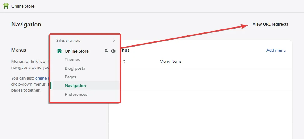 Shopify Online Store menu expanded showing Navigation link