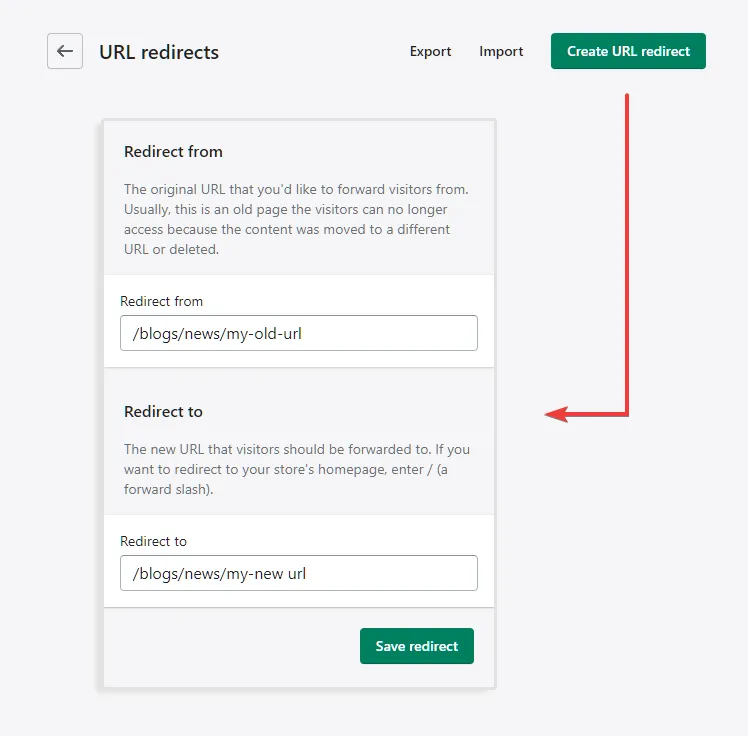 Shopify URL redirects page showing Import and Create URL redirect buttons