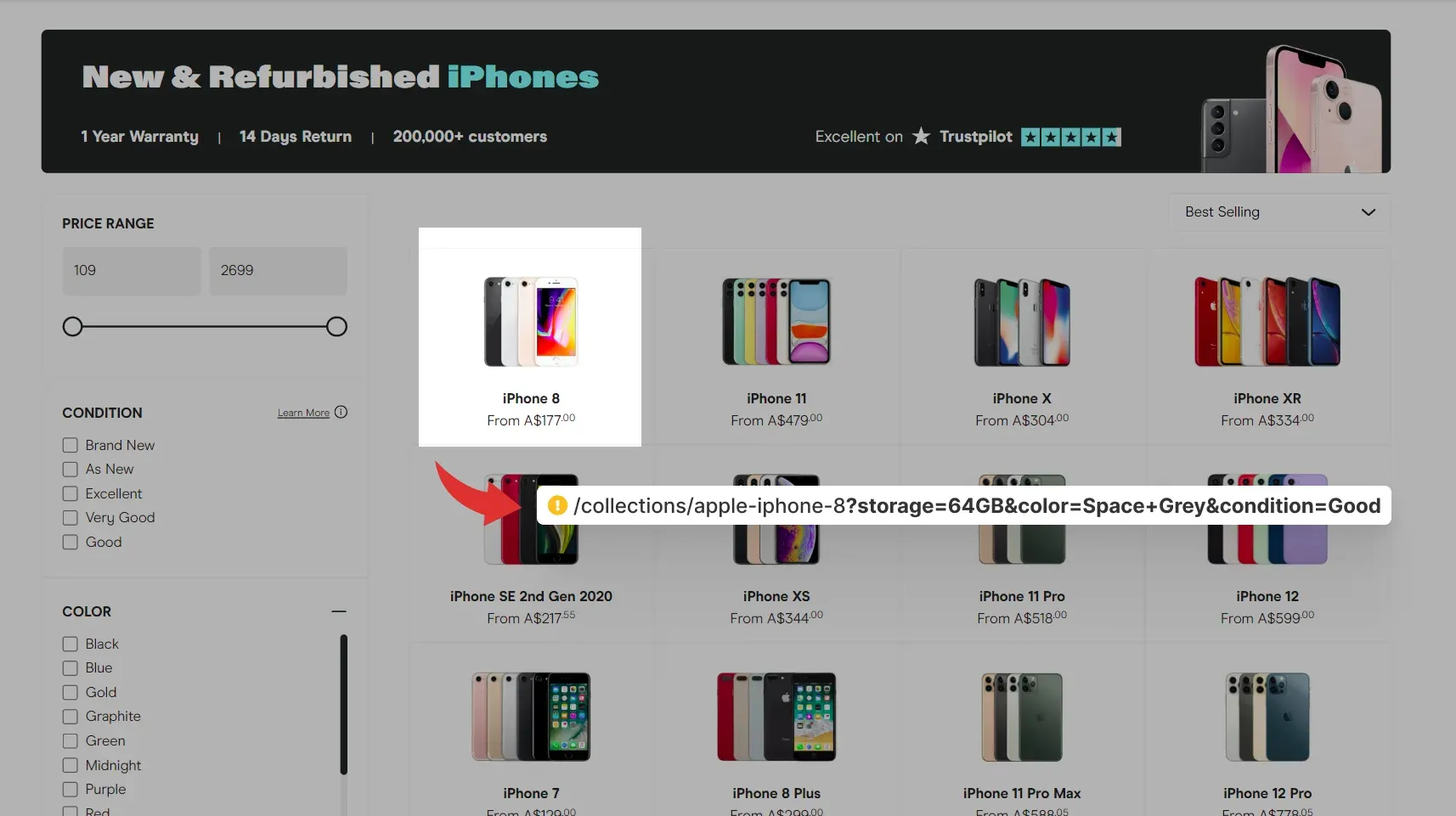 Reebelo collection page with product links containing parameters