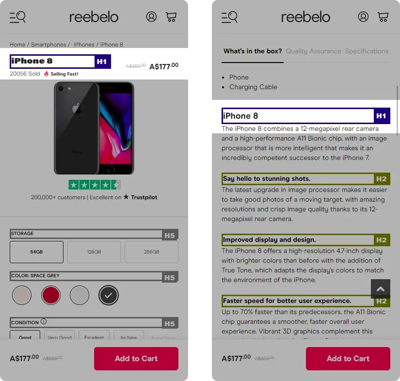 Example of Reebelo product page with multiple H1 tags