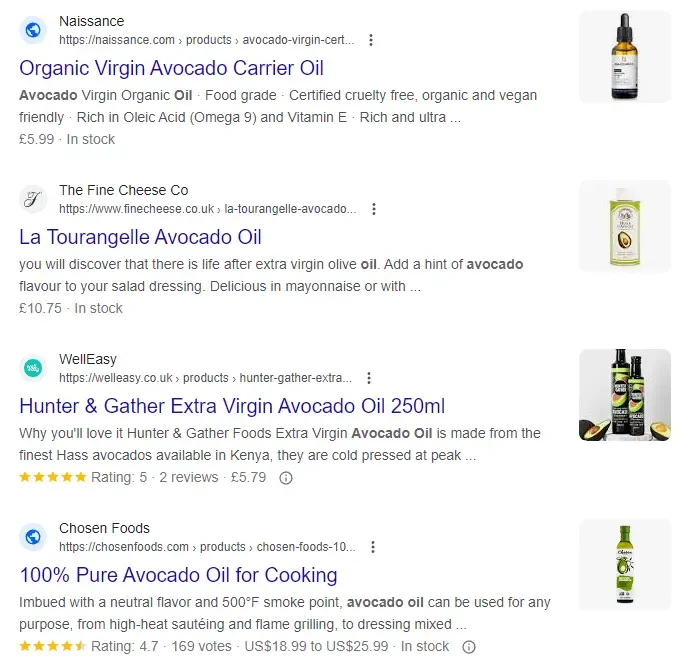 Google search results for 'Avocado oil'