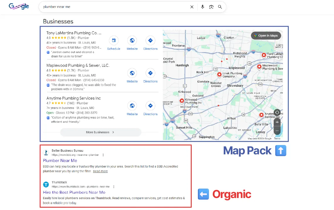 Google Search Results Page showing Map Pack and Organic Results