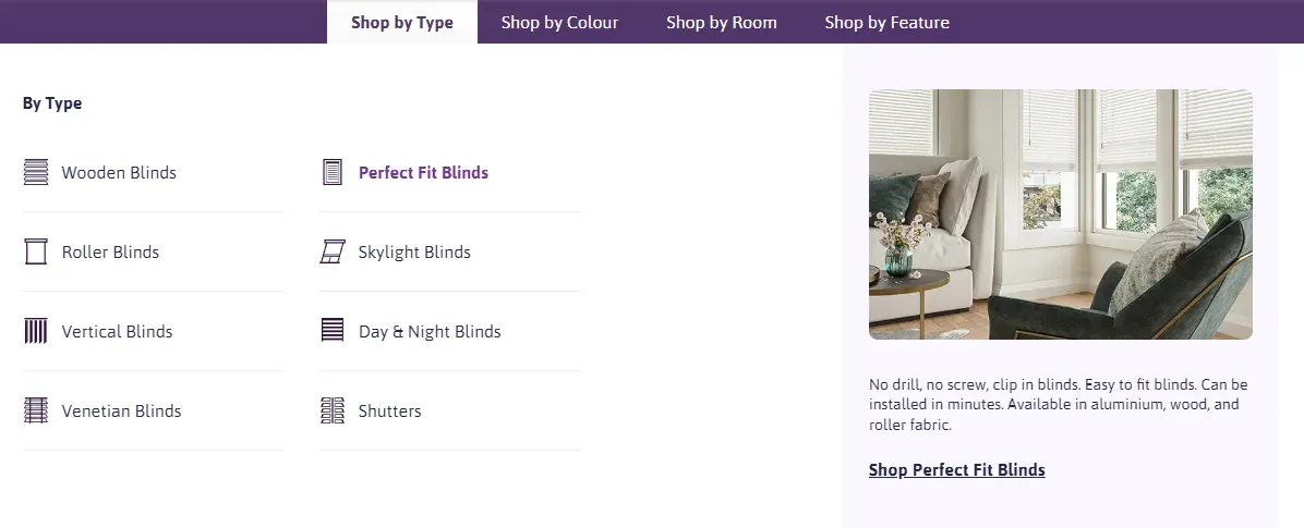 Example of a 'Shop by' menu displaying different ways to categorize products