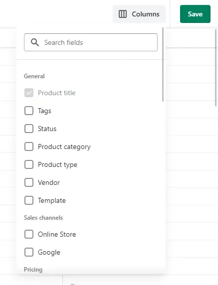 Screenshot of the Shopify bulk editor interface with the 'Columns' button highlighted