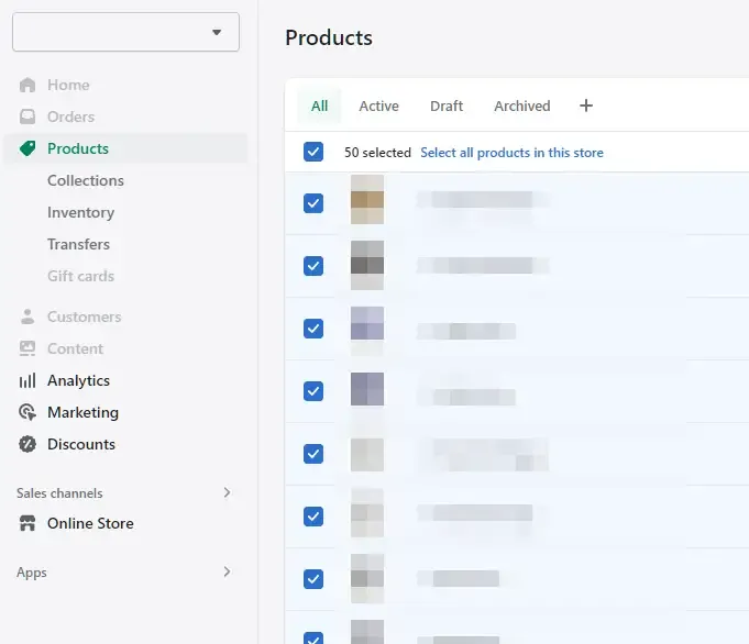Screenshot showing how to bulk select products in Shopify admin, including the option to select all in the store