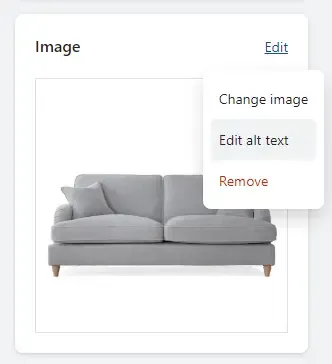 Screenshot of the Shopify interface showing where to edit alt text for a collection image.