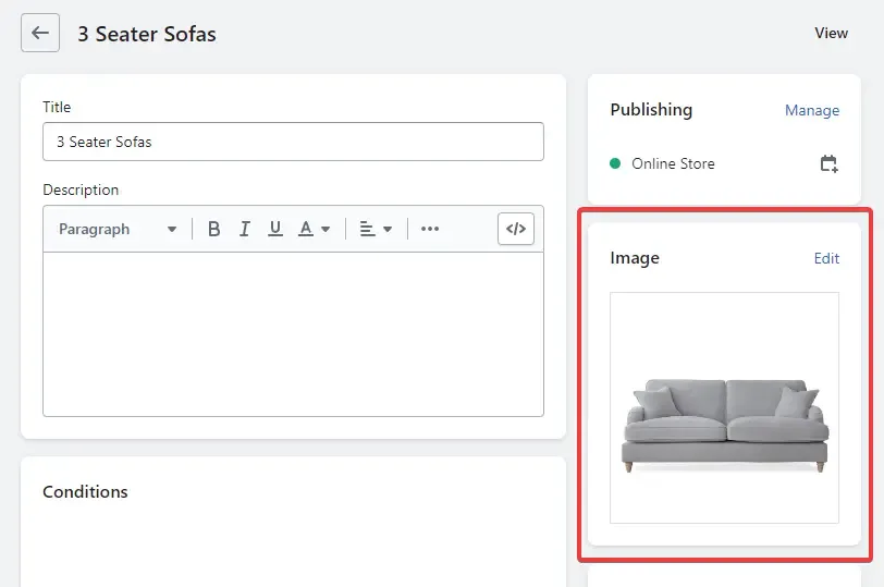 Screenshot of the Shopify collection editor interface highlighting the option to upload a featured image.