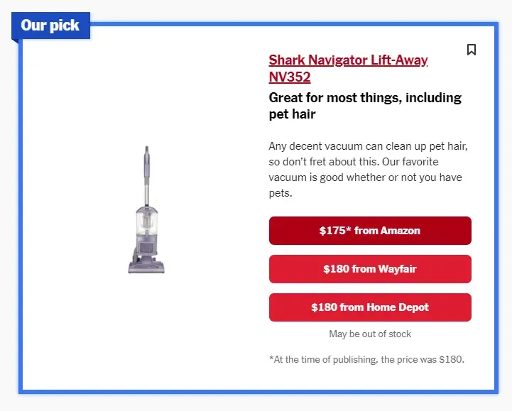 Example of product curation with badges like 'Our Pick'.