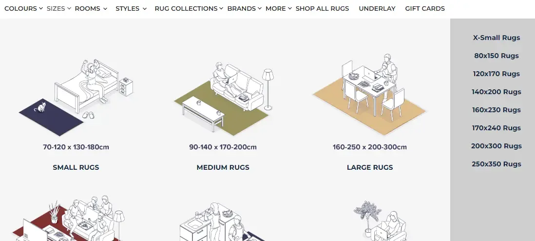Screenshot of a mega menu for a rug store, organized by categories like Size, Style, and Colour.