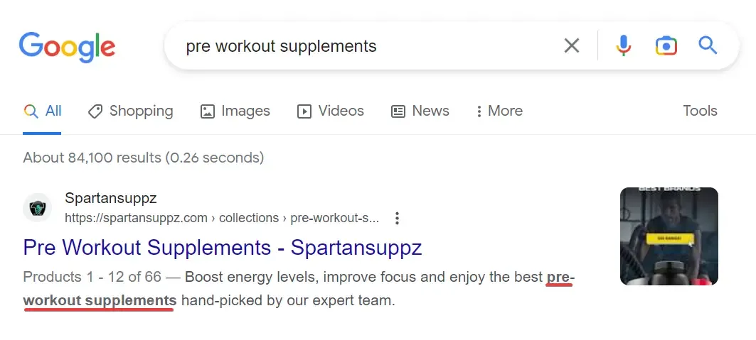Screenshot of a Google search result showing a meta description with the main keyword in bold.