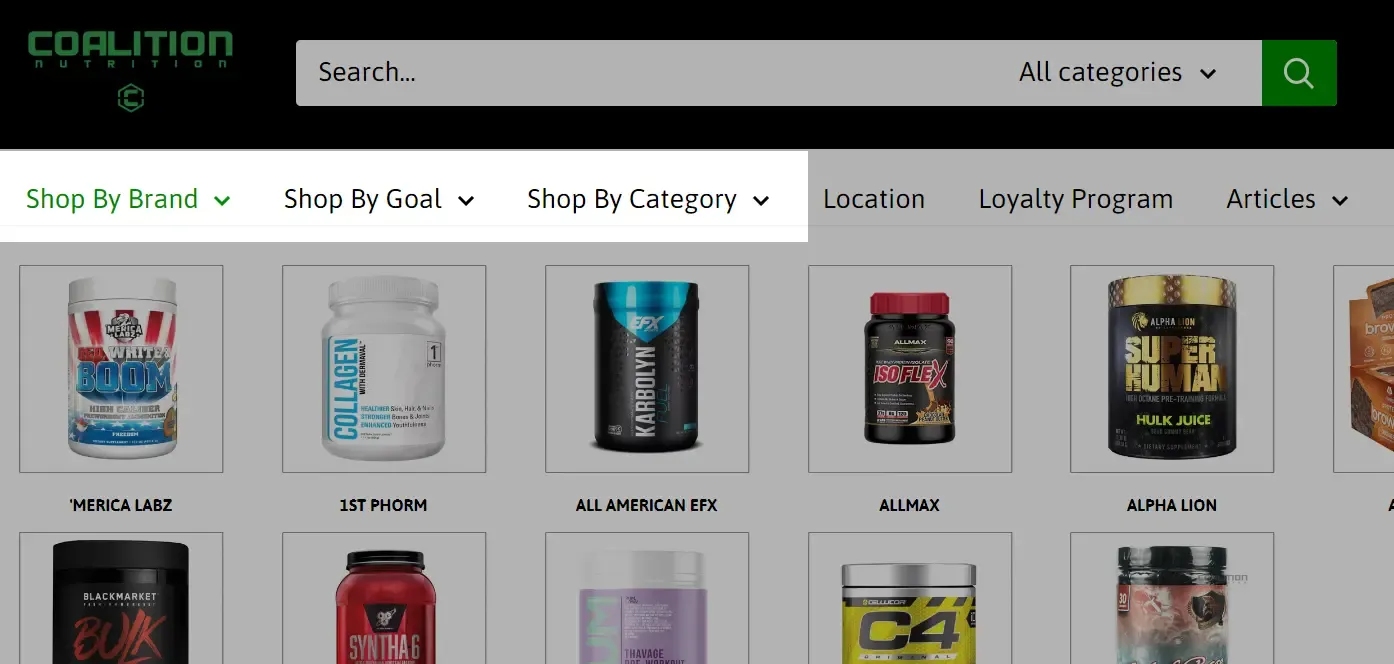 Screenshot of a website's mega menu with 'Shop By' categories like Type, Size, and Colour.