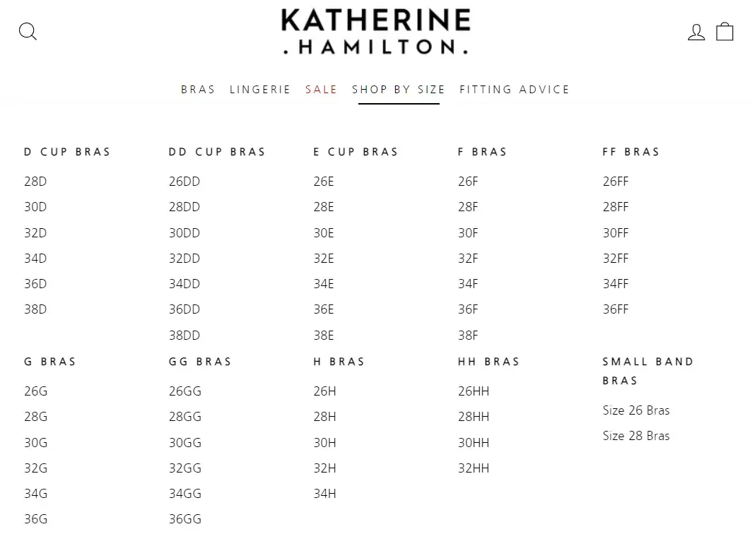 Screenshot of a 'Shop By Size' menu on an e-commerce website.